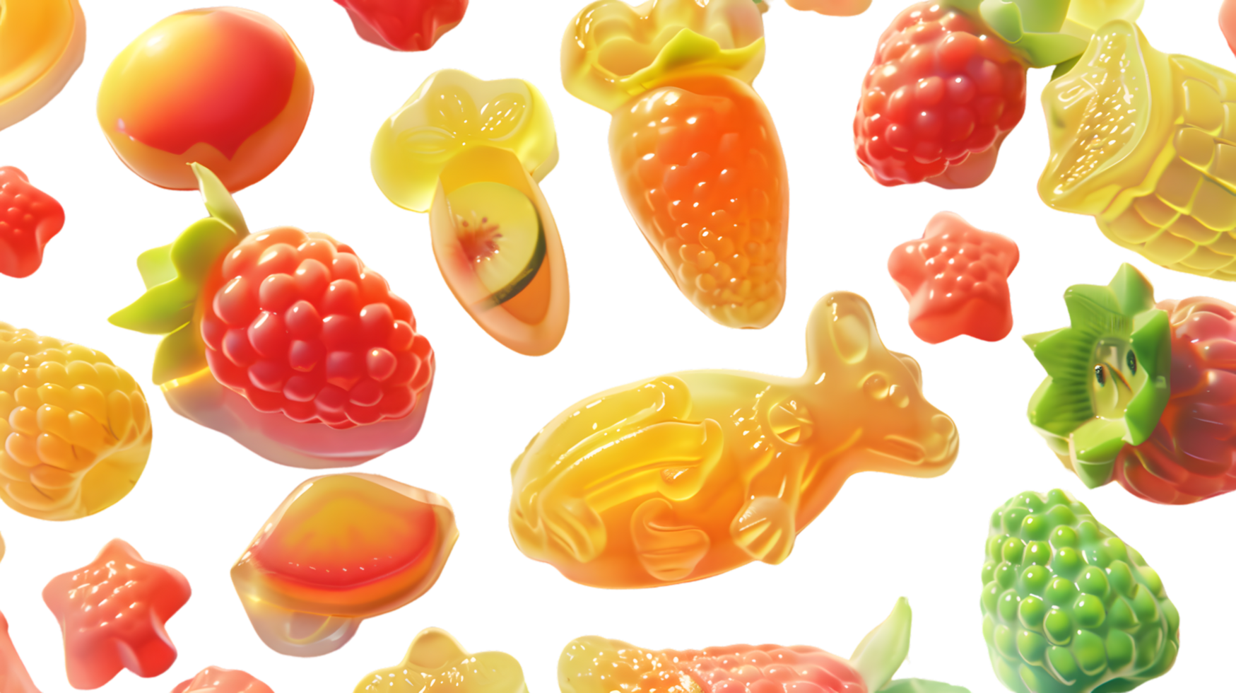 Fruit Gummies Assorted Shapes and Colors Sweet Treats Food Photography Candy Background png