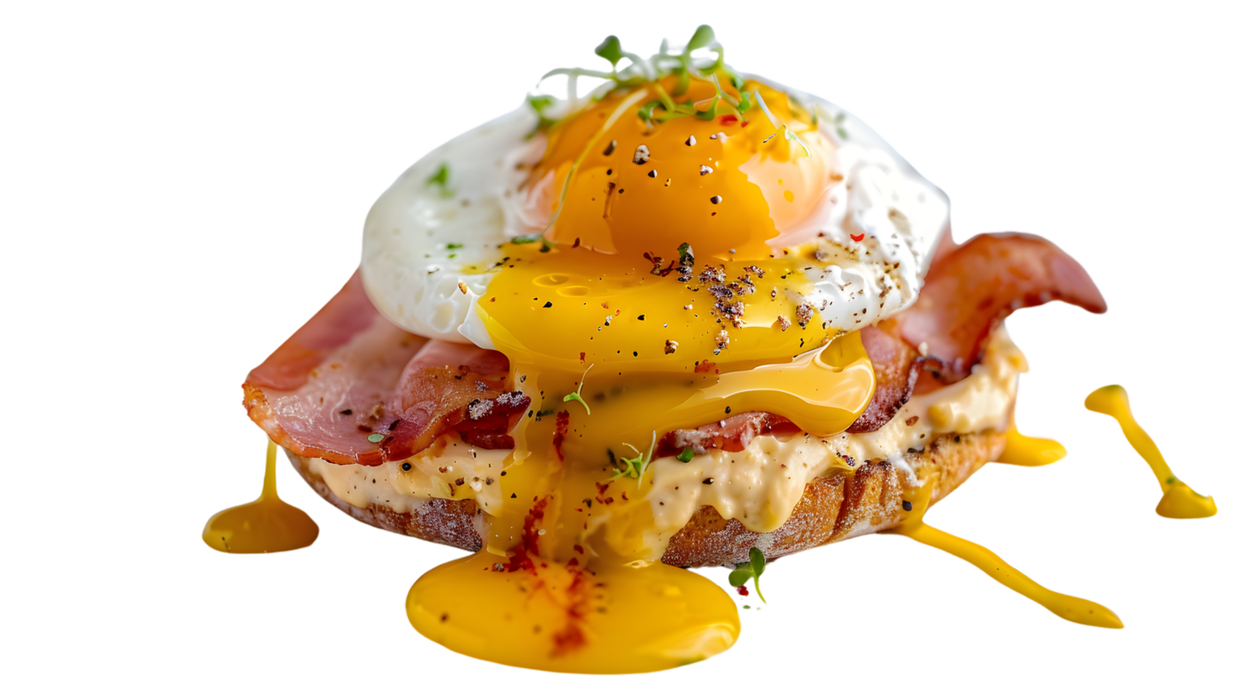 Gourmet Breakfast Sandwich with Poached Egg Bacon and Hollandaise Sauce png