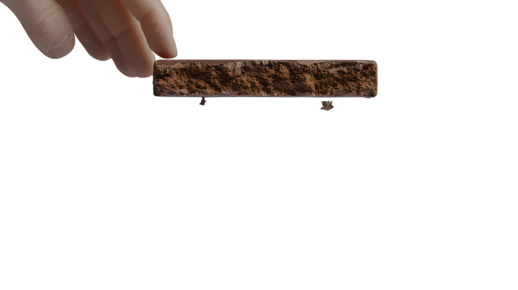 Hand holding a piece of chocolate bar closeup shot detailed texture food photography desse png