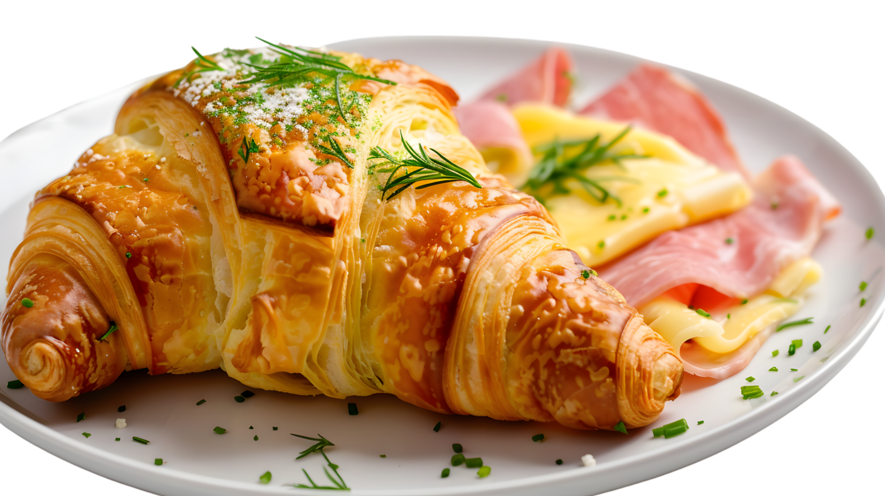 Golden Croissant with Ham and Cheese on a Plate png