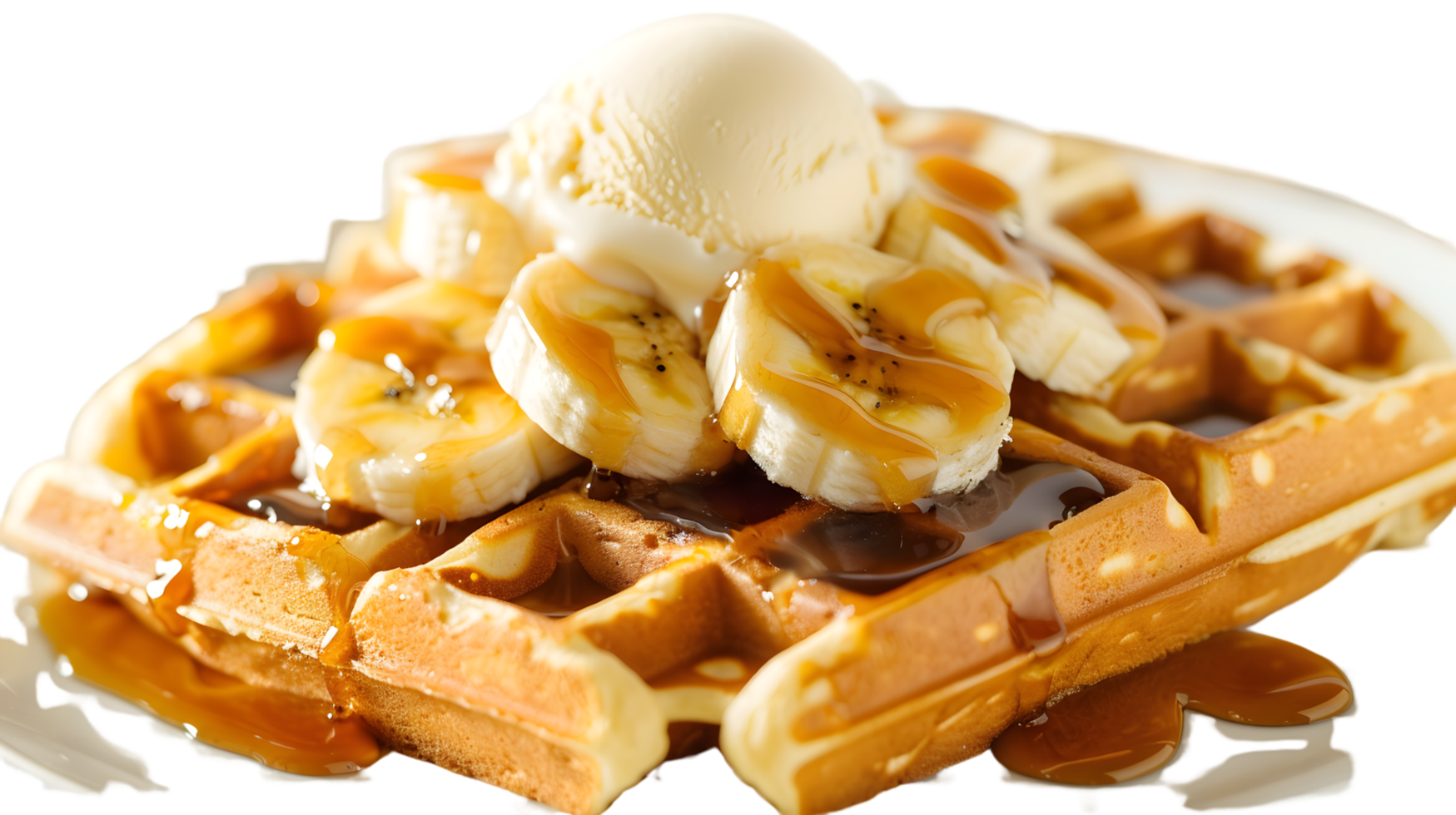 dourado waffles com caramelo molho banana fatias e gelo creme png