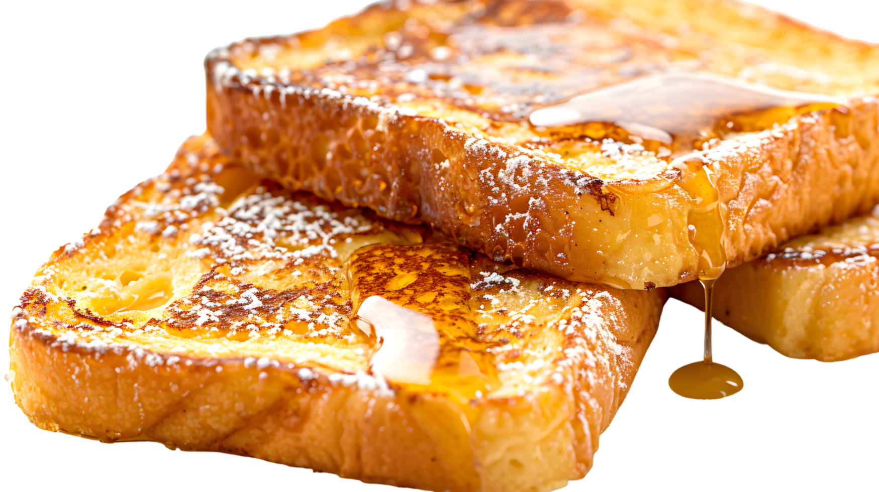 Golden French Toast with Syrup and Powdered Sugar Topping png