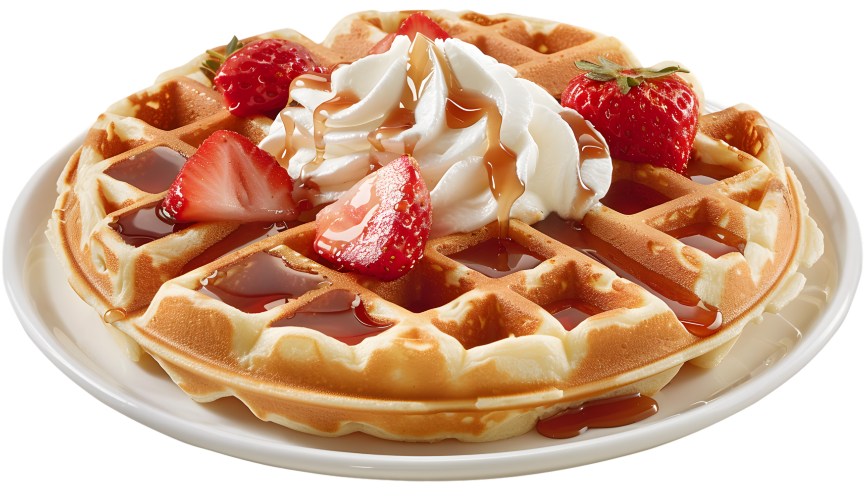 Golden Waffles with Strawberries and Whipped Cream png