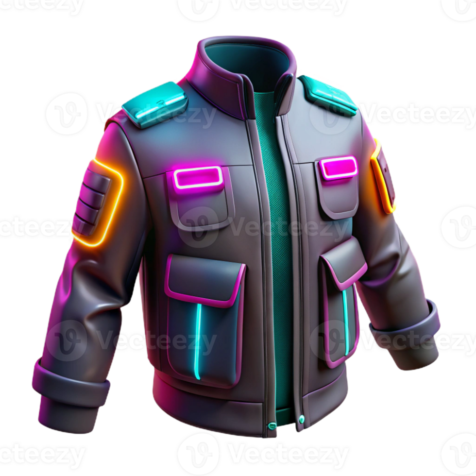 dramatic minimalist Cyberpunk jacket with glowing neon accents and multiple pockets authentic png