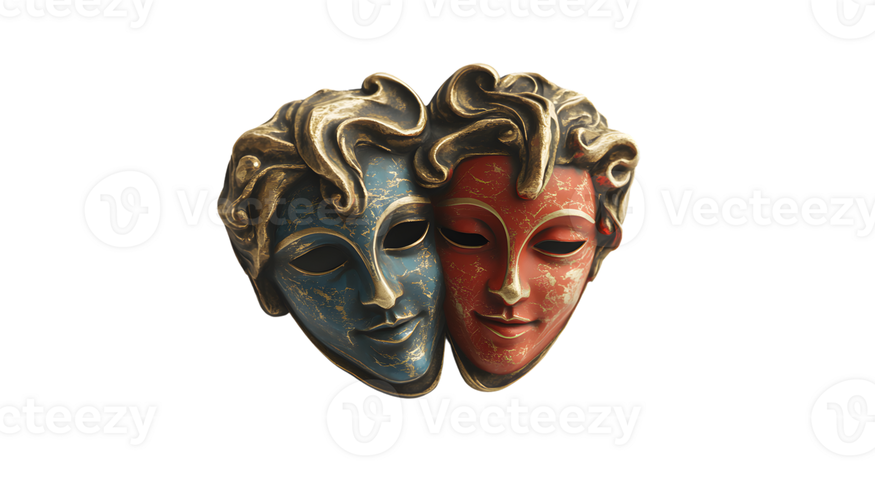 Theatrical Masks Blue and Red HalfFace Masks with Ornate Gold Details for Drama Comedy or P png
