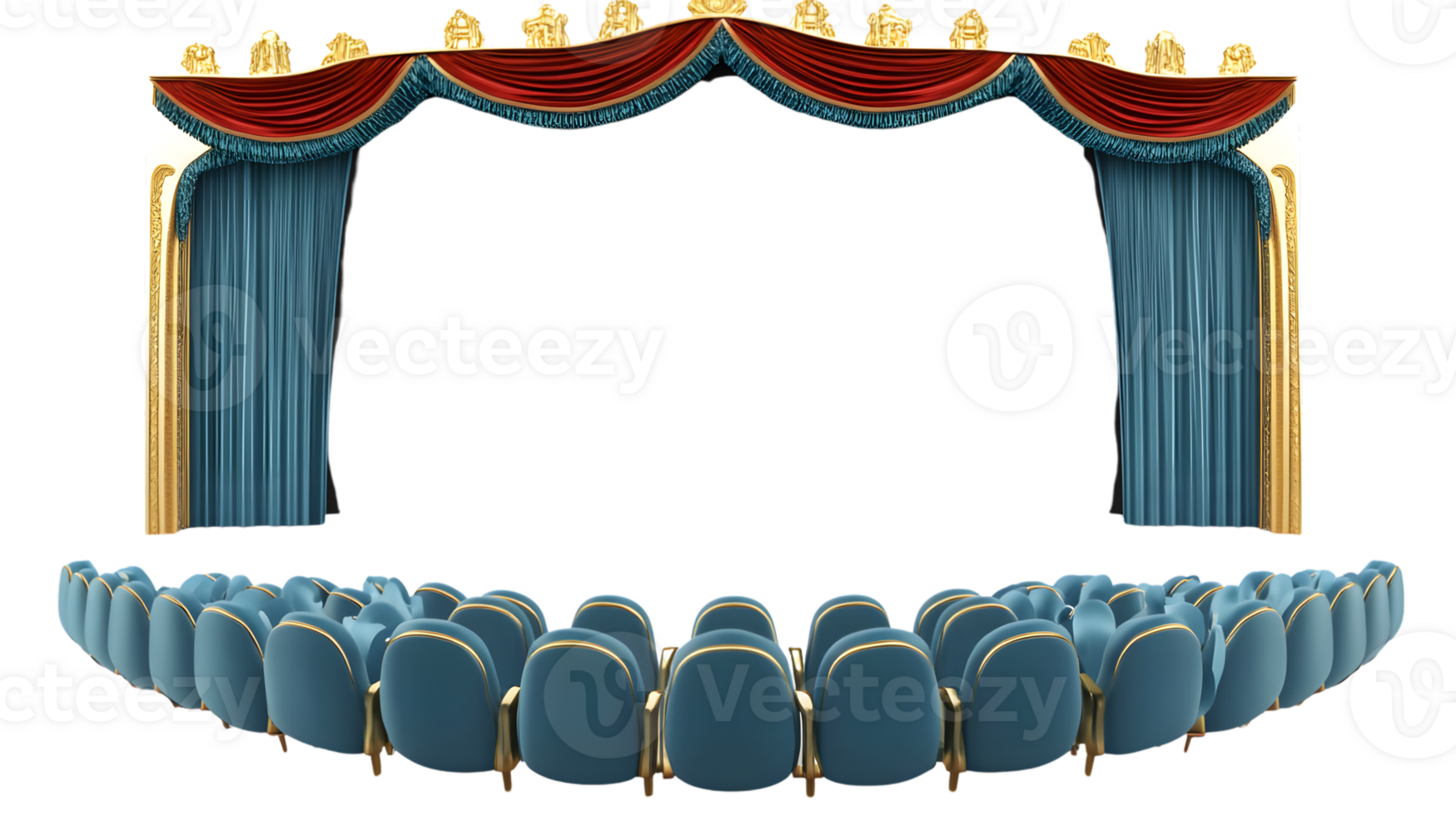 Theater Stage with Blue Curtains and Seating Arrangement for Performances Events and Presenta png