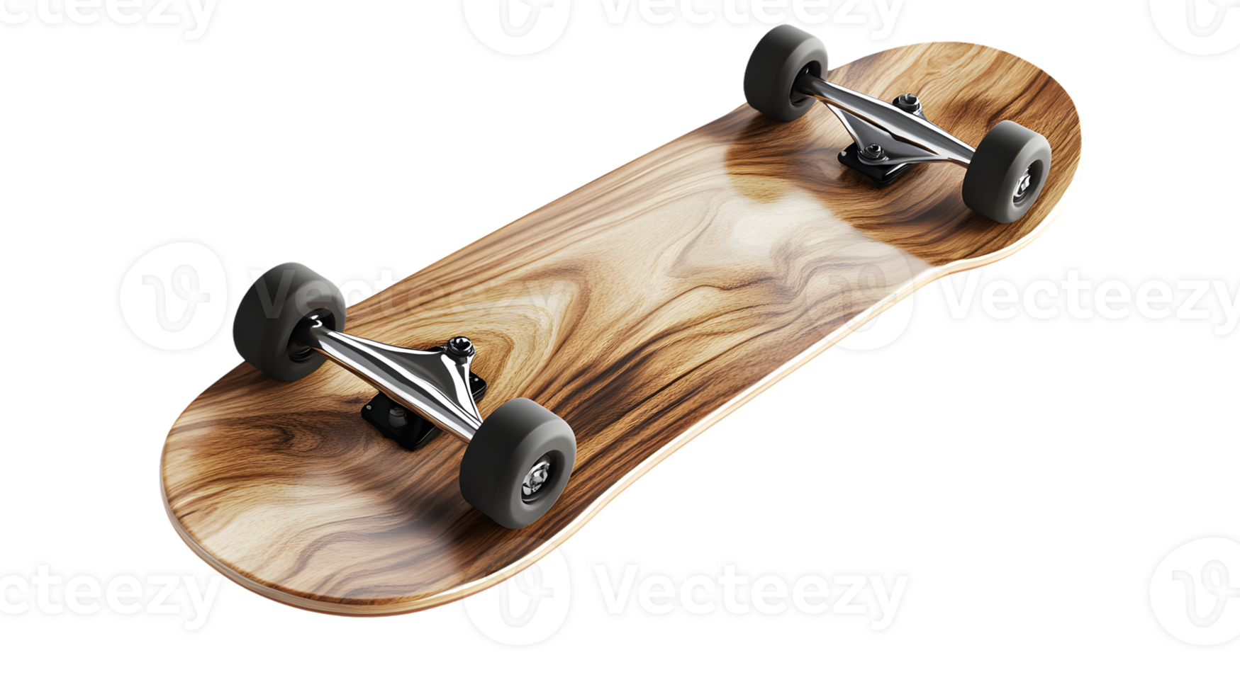 Wooden Longboard Skateboard with Black Wheels and Metal Trucks on a Transparent Background png