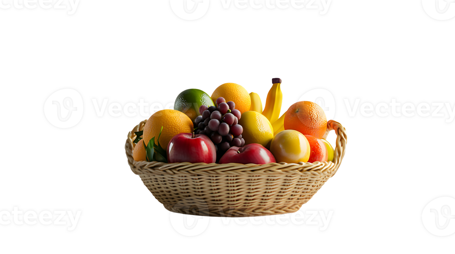 A basket brimming with fresh colorful fruits including citrus apples grapes and bananas for png