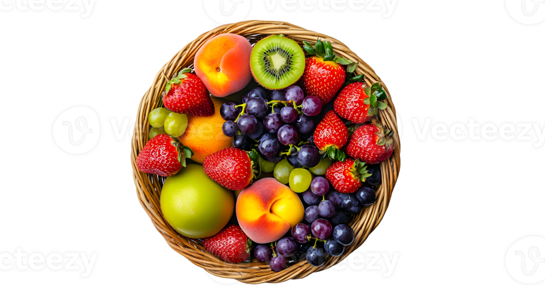 A basket brimming with fresh colorful fruits including berries citrus and stone fruits for png