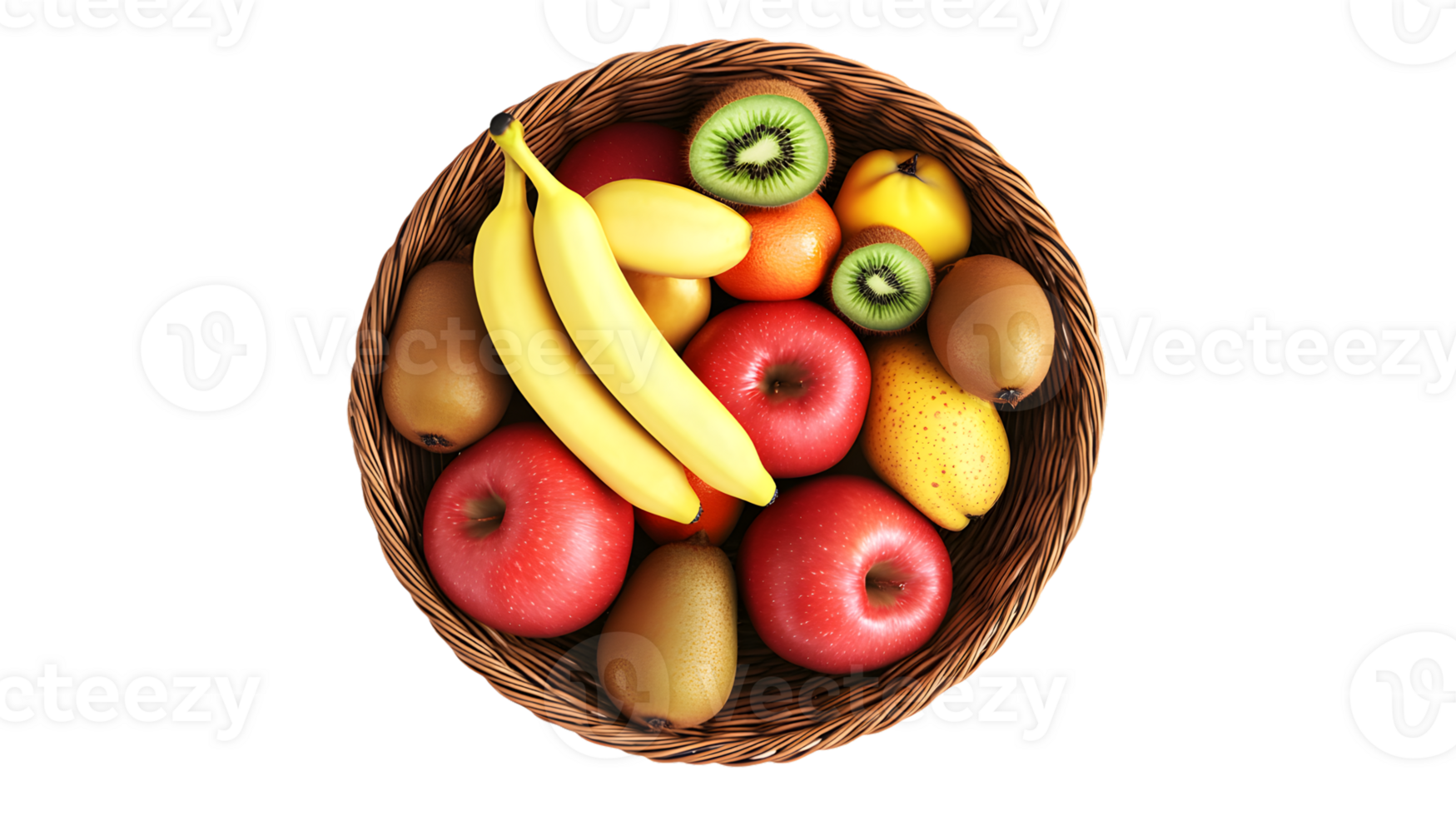 A basket brimming with fresh colorful fruits including bananas apples and kiwis for healthy png