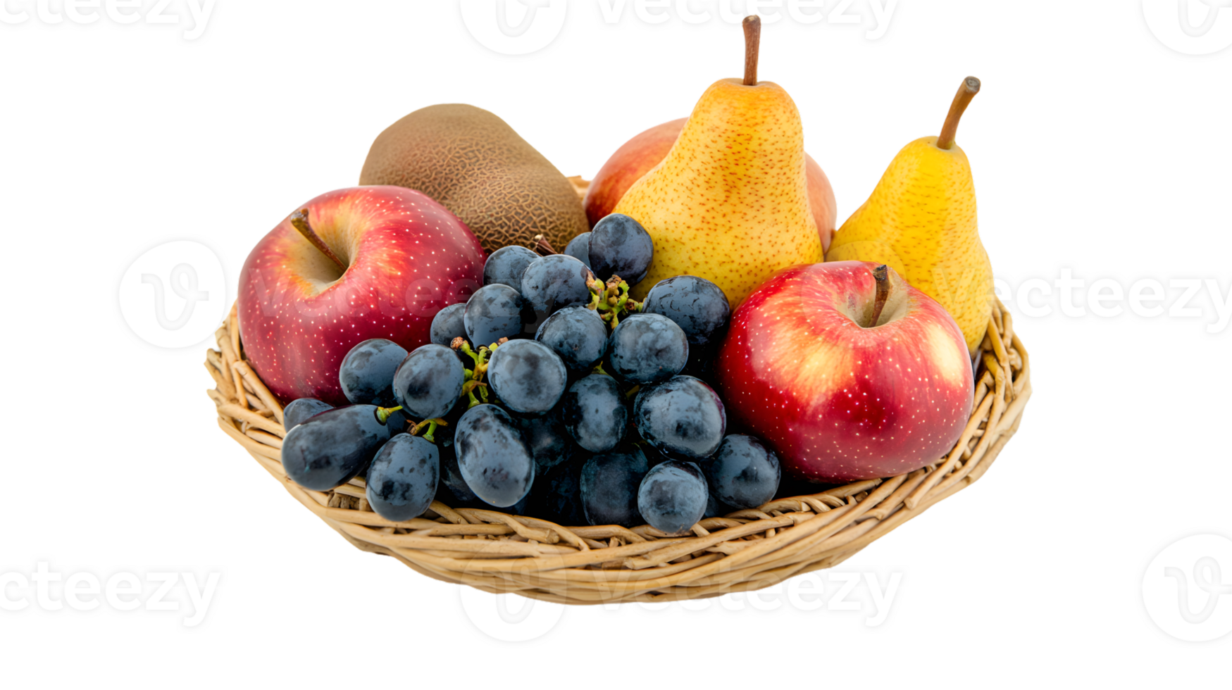A basket brimming with fresh fruits including apples pears grapes and a kiwi perfect for he png
