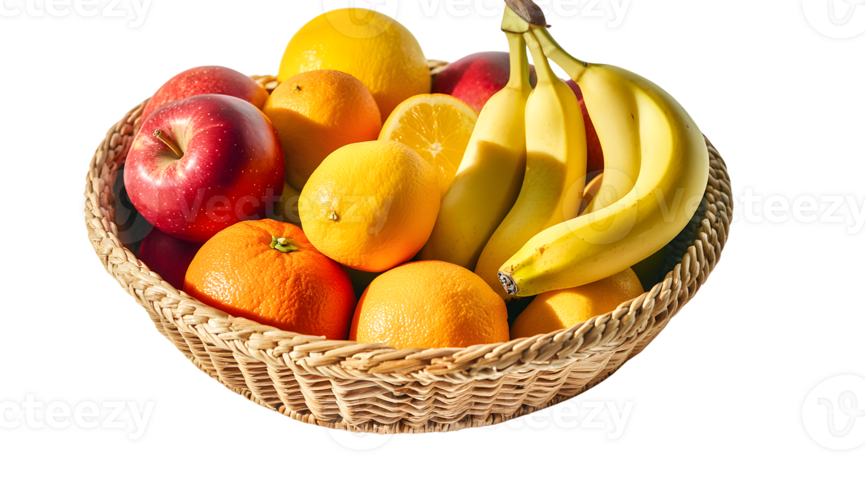 A basket brimming with fresh fruits including bananas apples oranges and lemons perfect for png