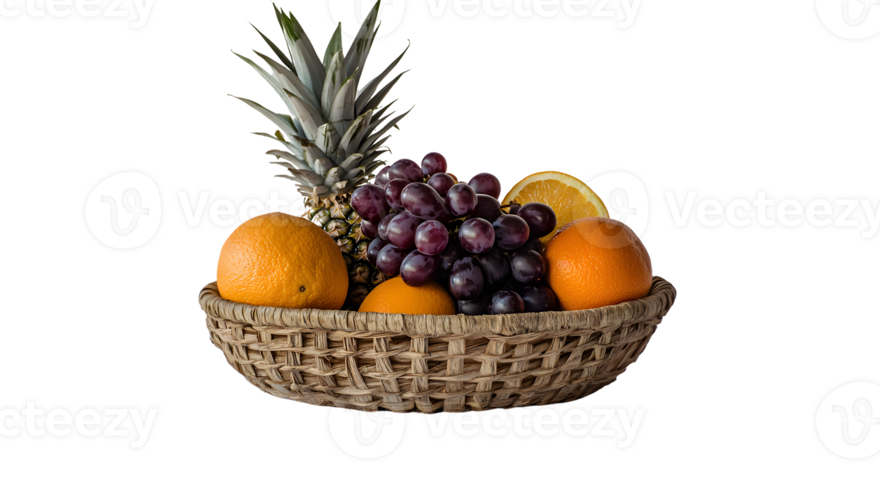 A basket brimming with fresh fruits including citrus grapes and tropical delights for healthy png