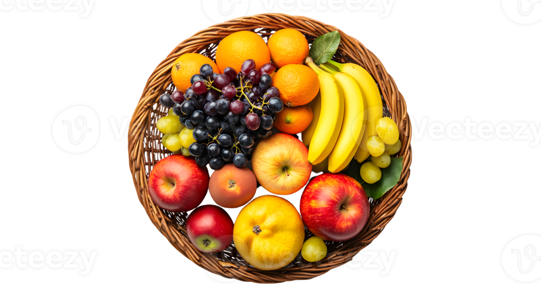 A basket brimming with fresh fruits including citrus bananas apples and grapes perfect for png