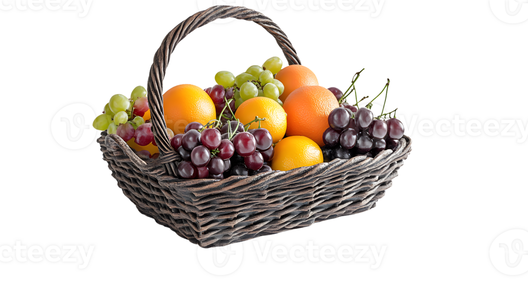 A basket brimming with fresh fruits including oranges and grapes perfect for health and nutrit png