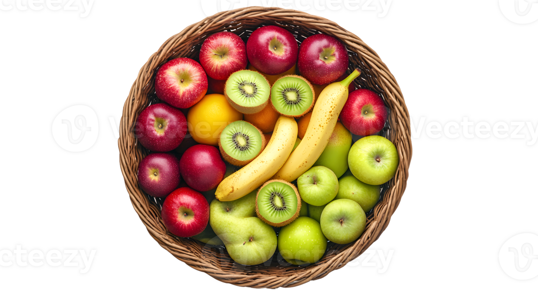 A basket brimming with fresh fruits including red and green varieties bananas kiwis and oran png