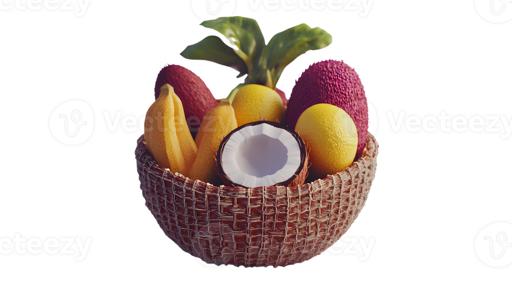 A basket brimming with fresh tropical fruits including bananas coconuts and citrus perfect png