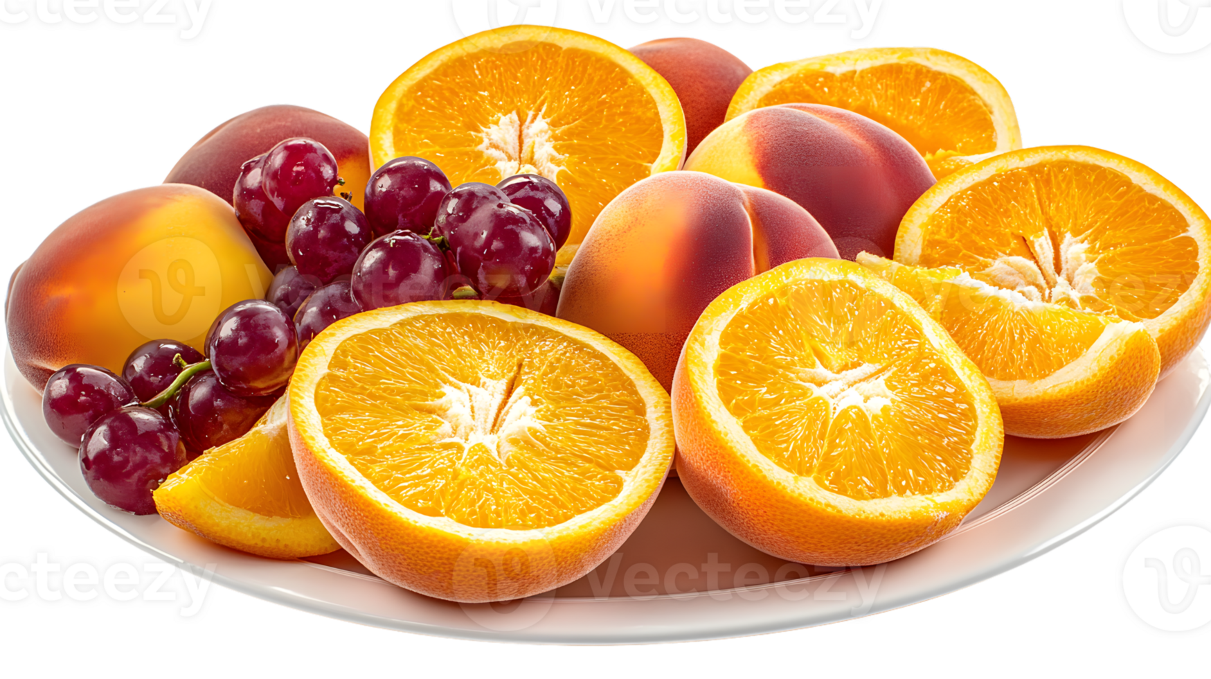 Fresh juicy oranges peaches and red grapes on a plate png