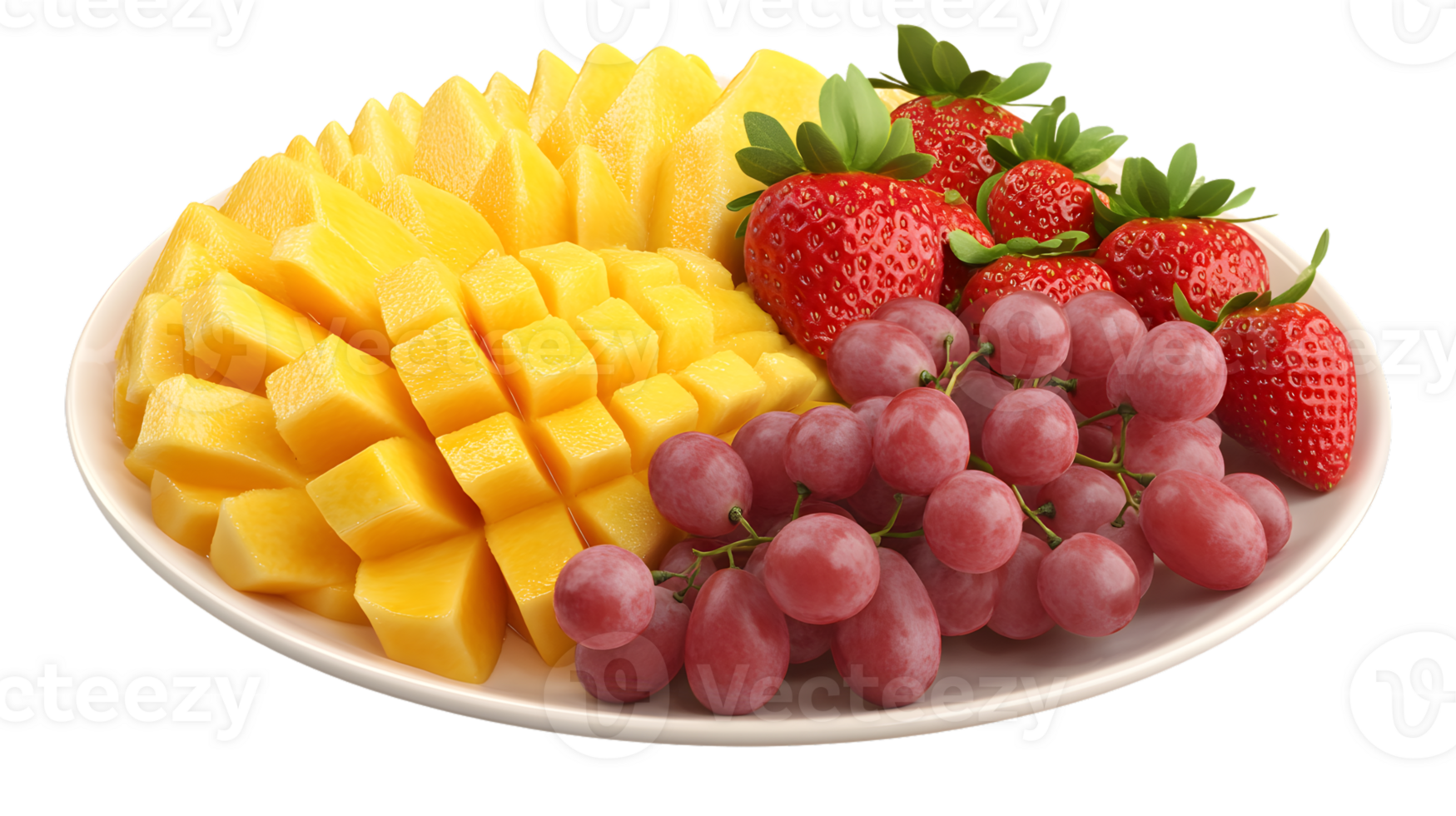Fresh Mango Strawberry and Grape Fruit Platter on White Plate png