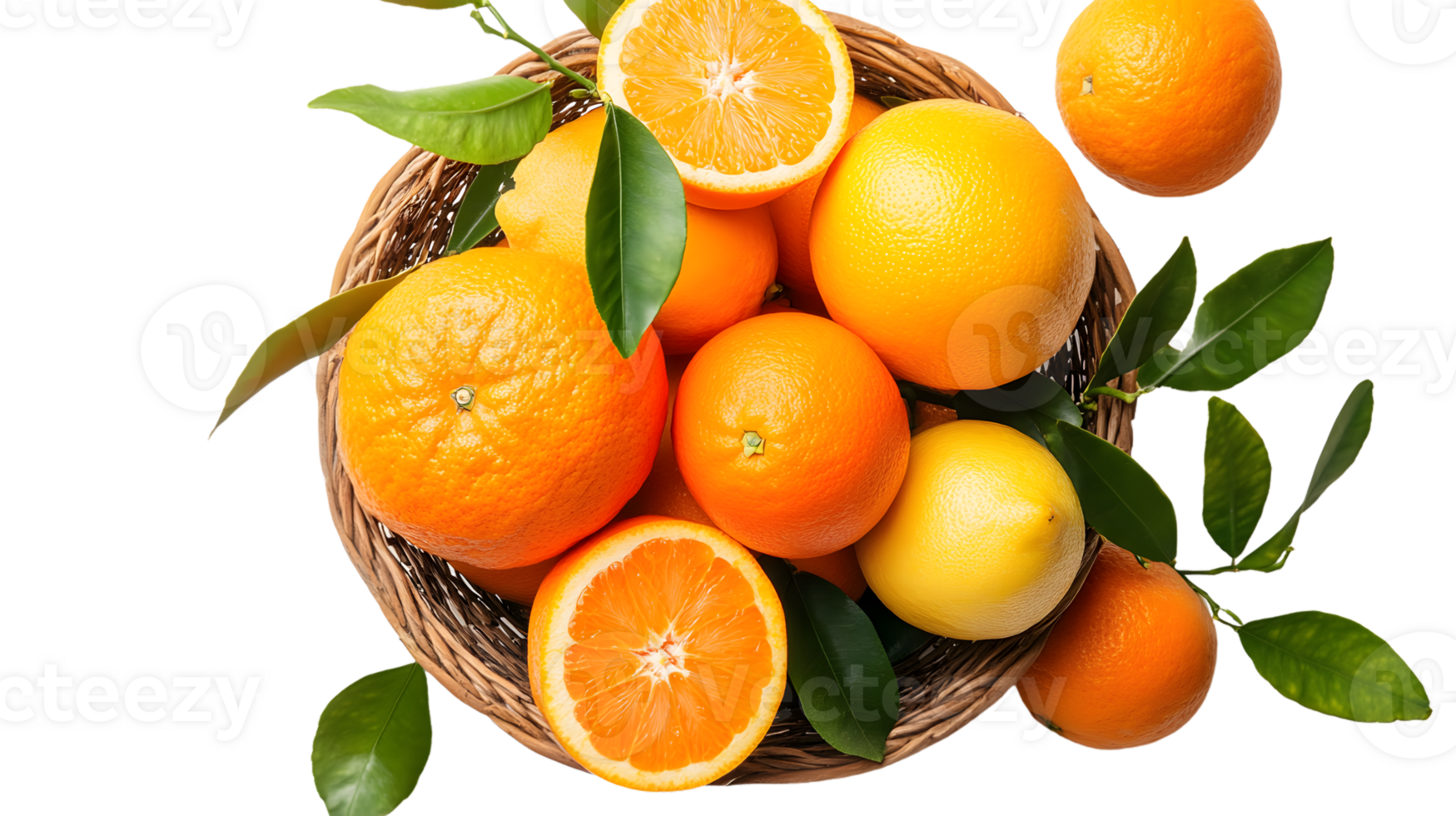 Fresh oranges and lemon in a wicker basket with leaves png