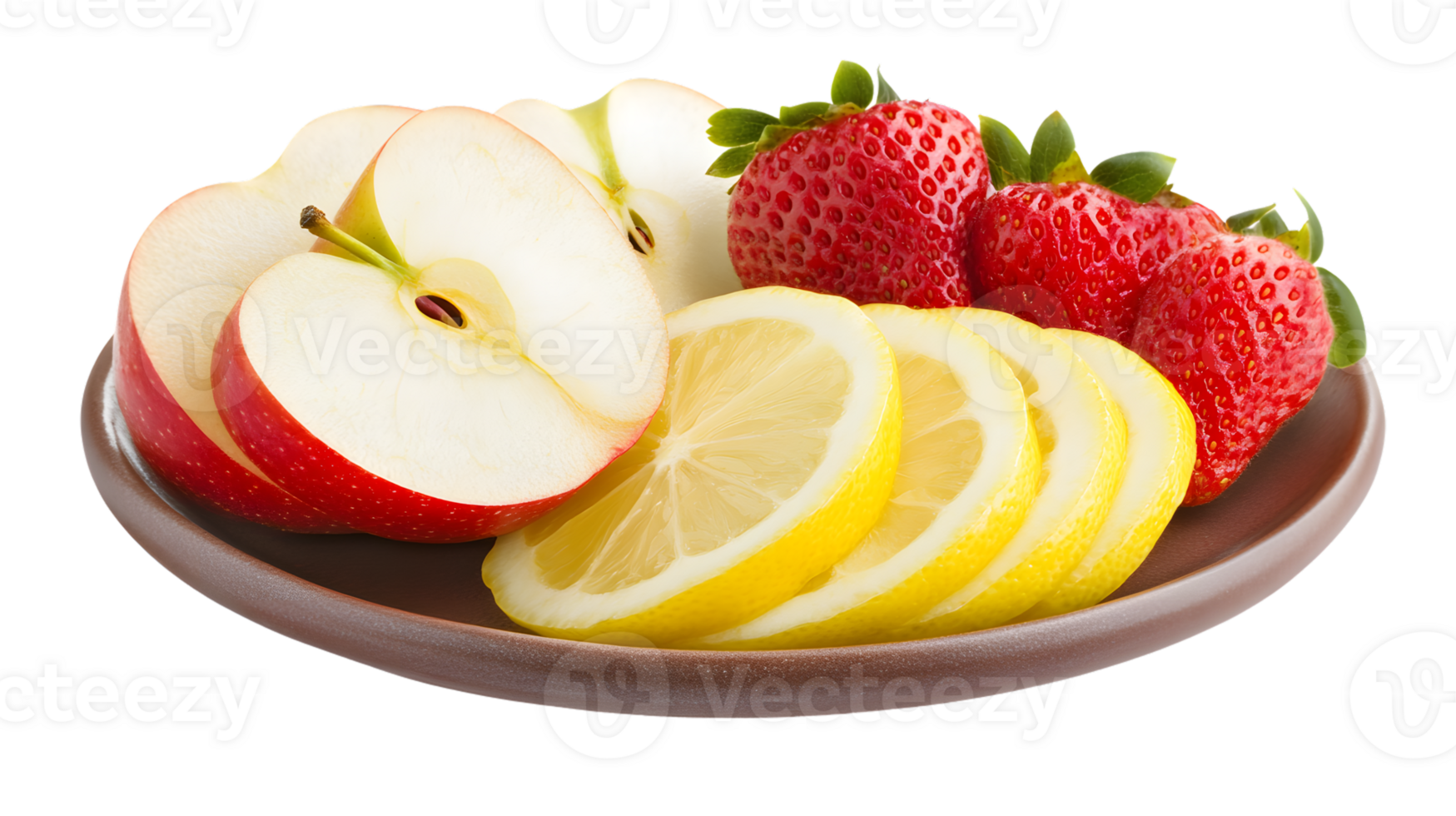 Fresh Sliced Apples Strawberries and Lemons on Plate png