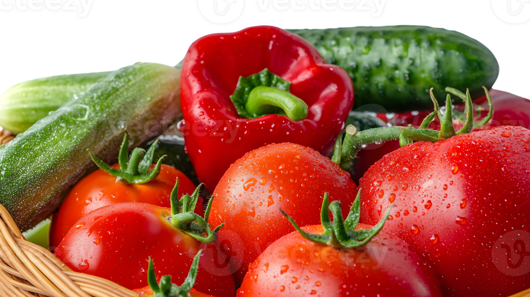 Fresh Red Tomatoes Cucumbers and Bell Peppers in Basket png