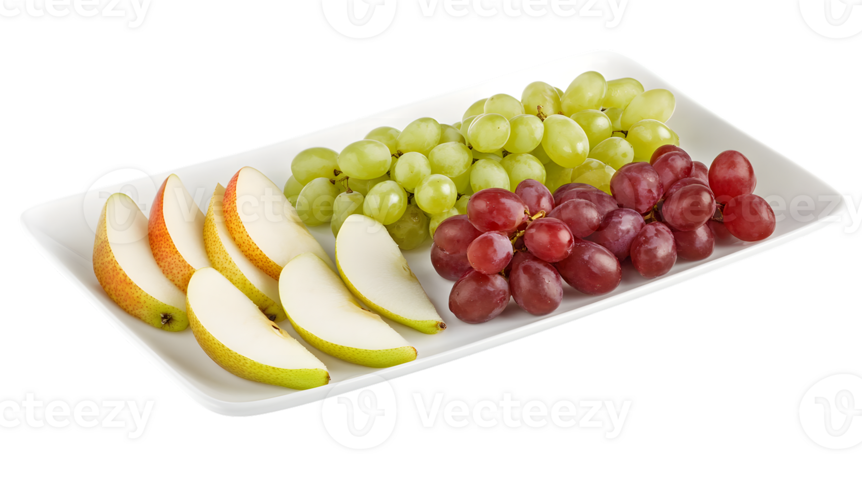 Fresh Sliced Fruits on a White Plate A Healthy Snack Display with Green and Red Grapes Pear S png