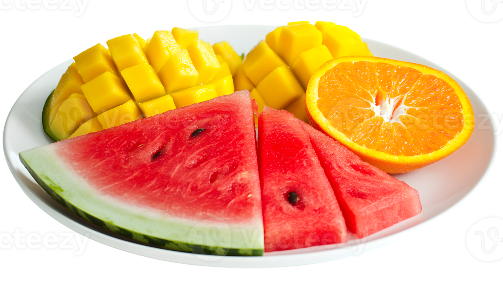 Fresh Sliced Mango Watermelon and Orange Fruit Platter on White Plate png