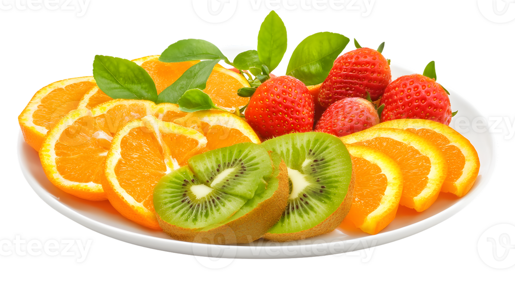 Fresh Sliced Oranges Strawberries and Kiwis on a Plate png