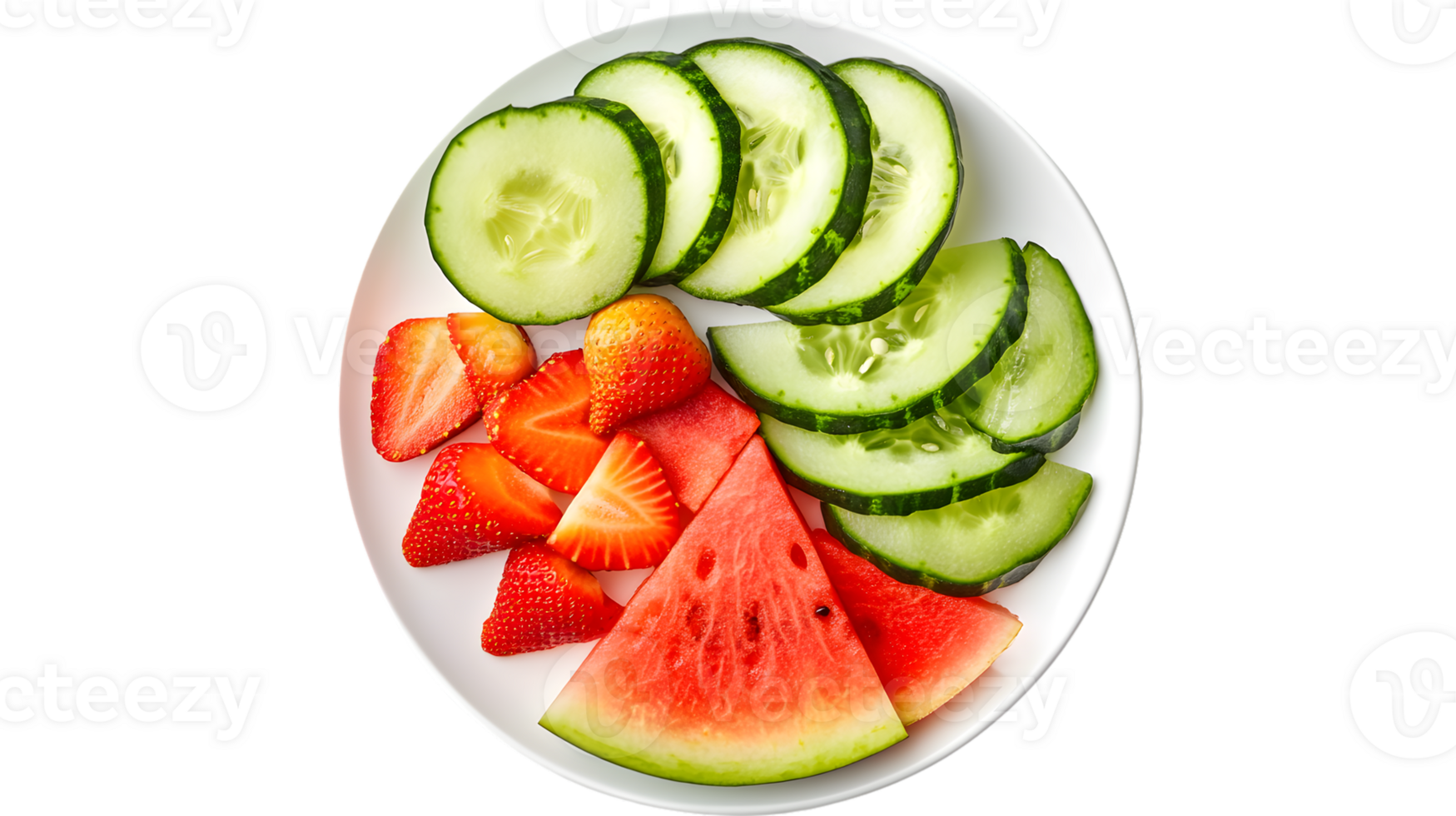 Fresh Slices of Cucumber Watermelon and Berries on a White Plate for Healthy Eating and Dieti png