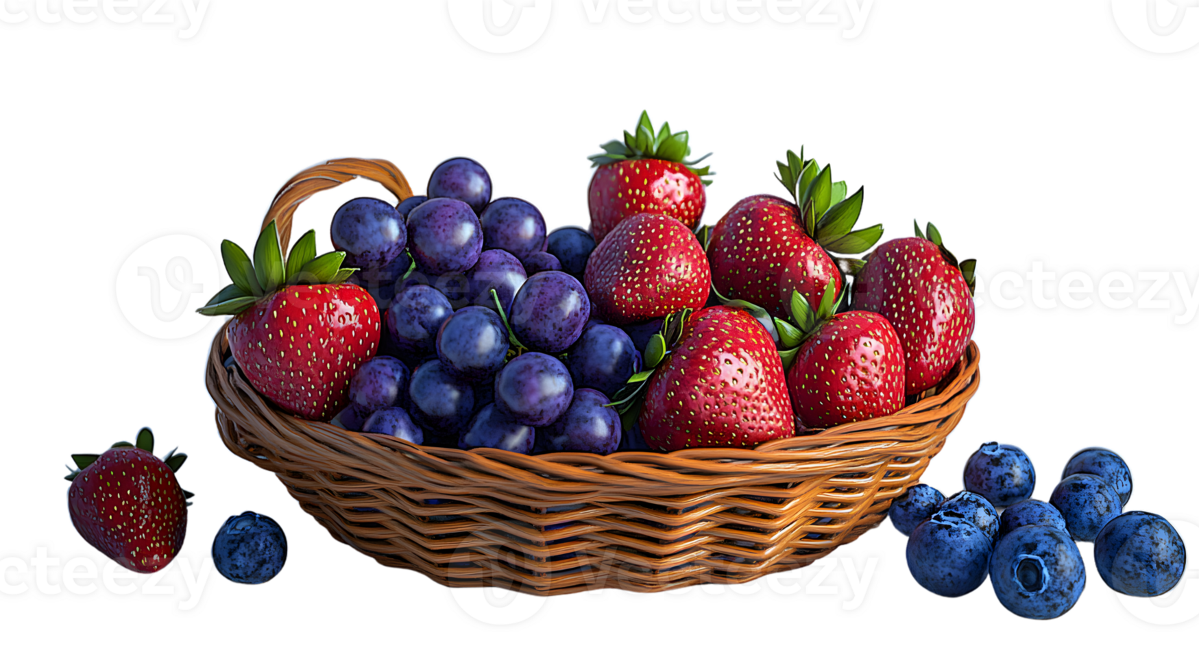Fresh Strawberries Grapes and Blueberries in a Basket png