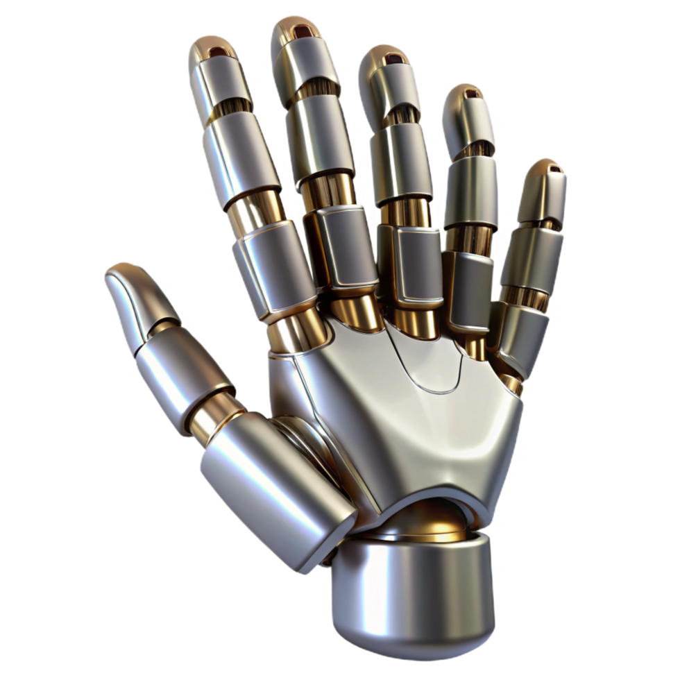 stunning contemporary A robot hand, metallic and articulated, premium png