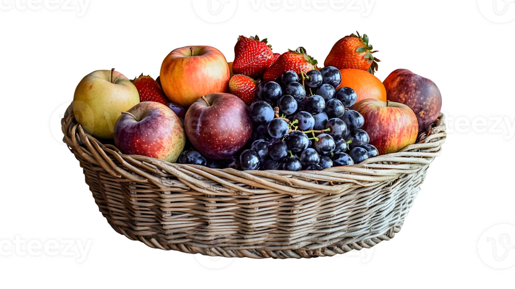 Fruit basket with apples strawberries and grapes in a wicker basket png