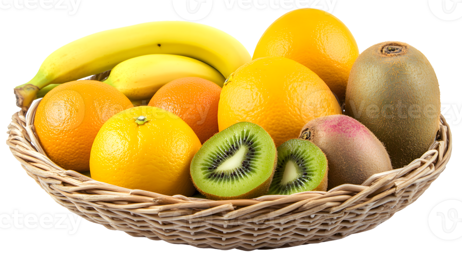 Healthy Fruit Basket with Oranges Bananas and Kiwis in Wicker Bowl png