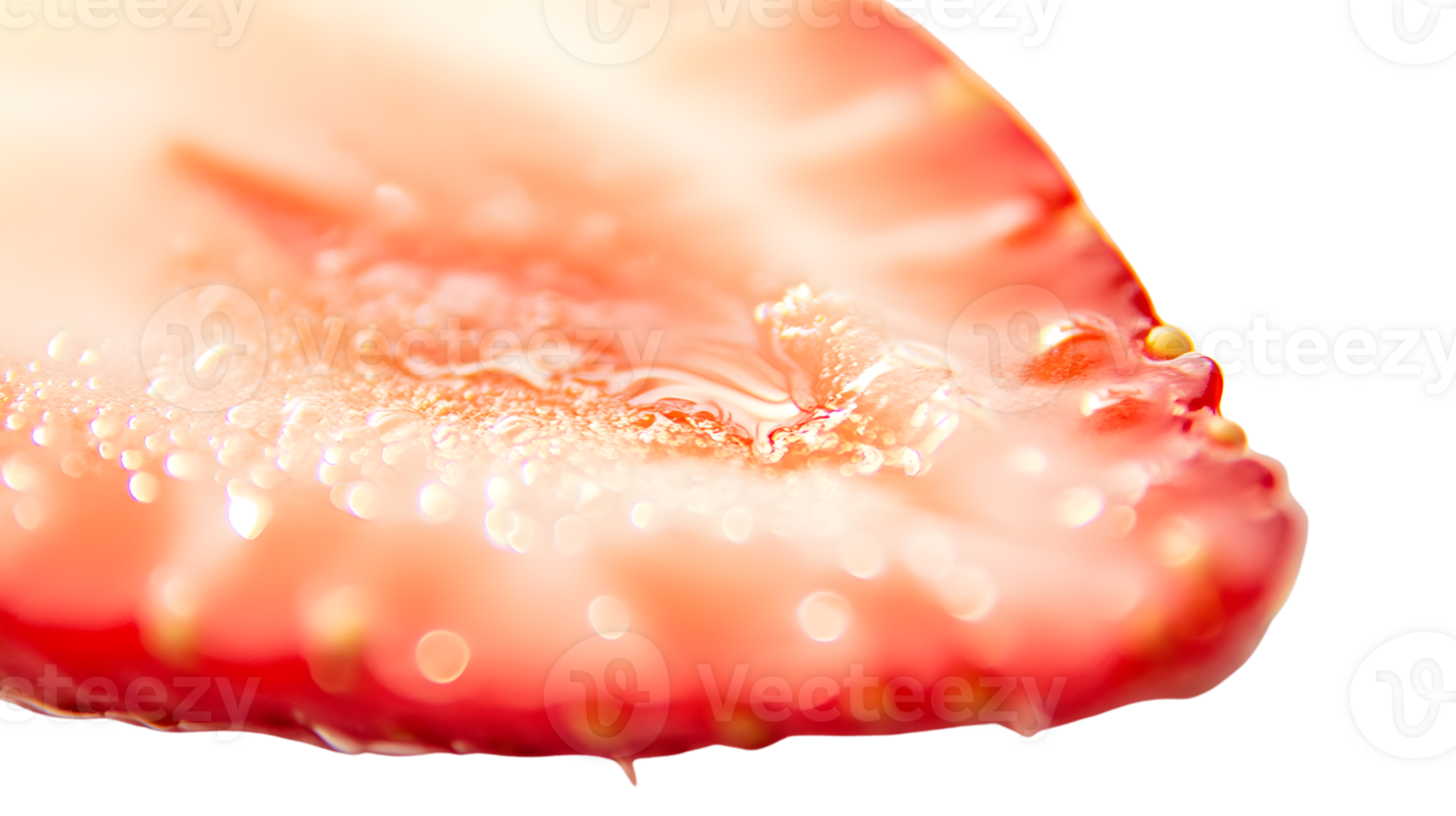 Juicy Strawberry Slice with Dew Drops CloseUp Photography for Food and Beverage Marketing png