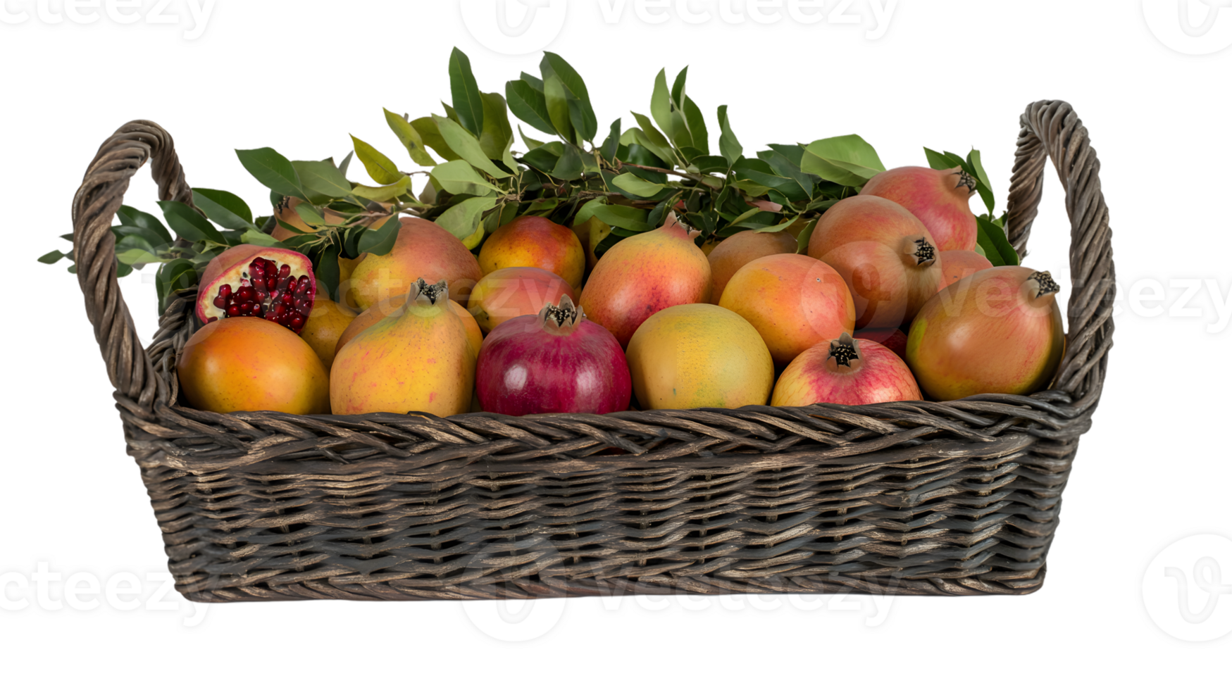 Pomegranates and greenery in a rustic wicker basket png