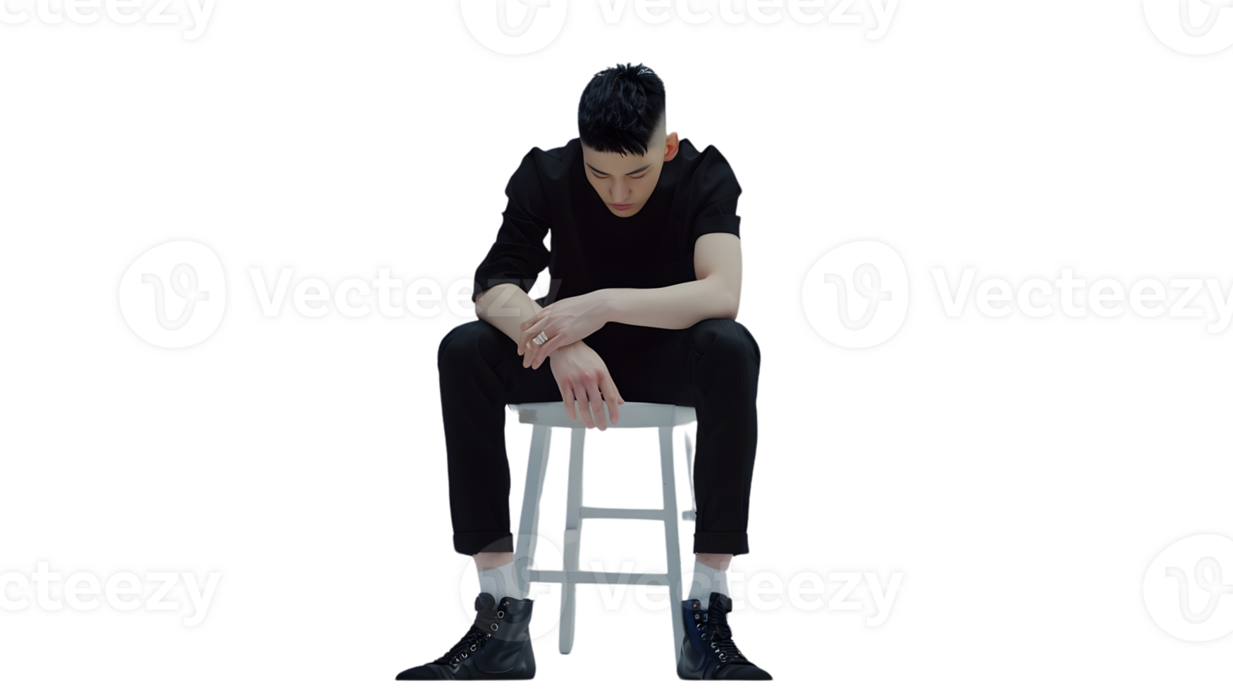 A contemplative individual seated on a stool dressed in black attire with hands resting though png