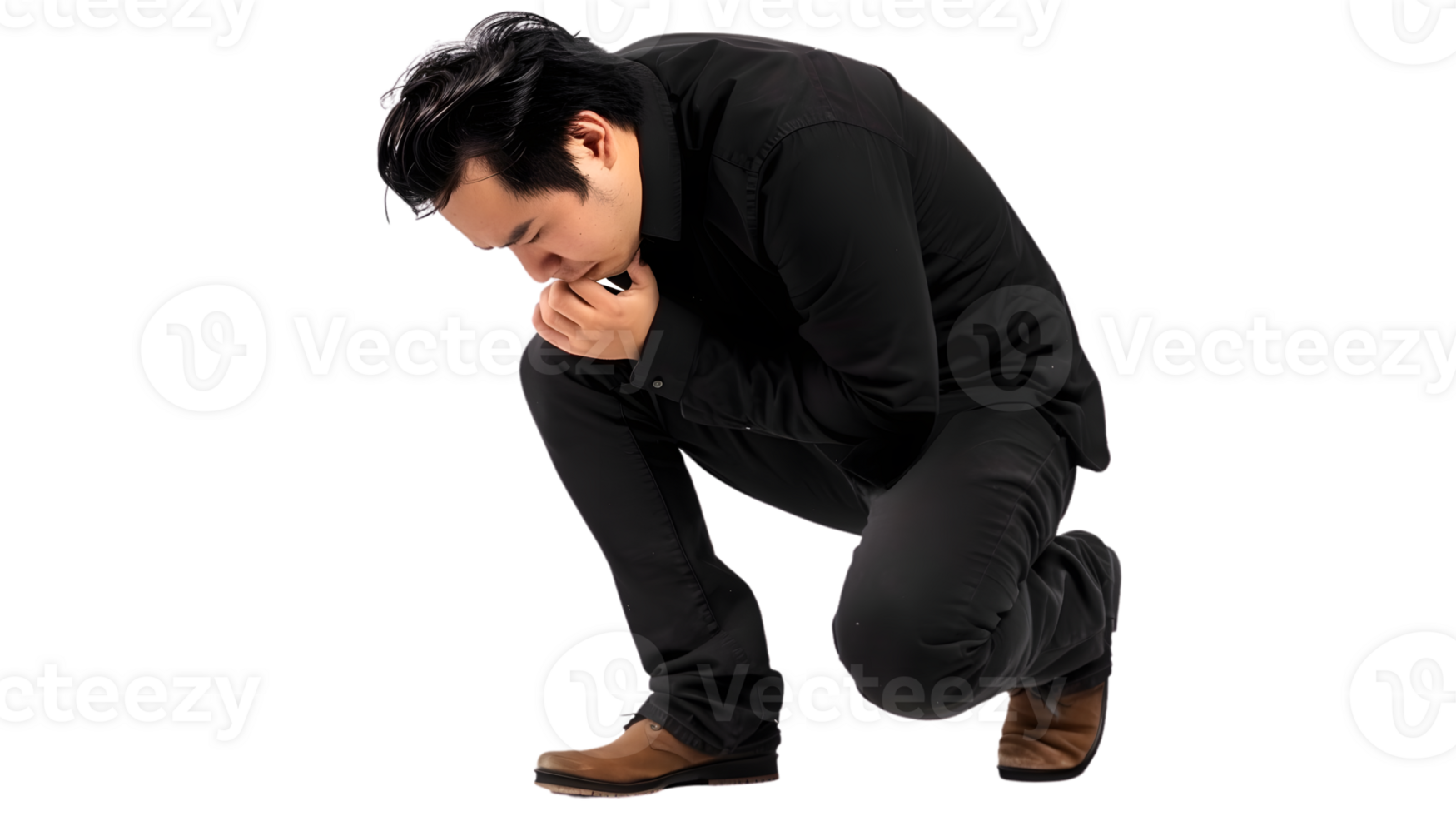 A contemplative individual in a crouched position deep in thought or prayer wearing dark clot png