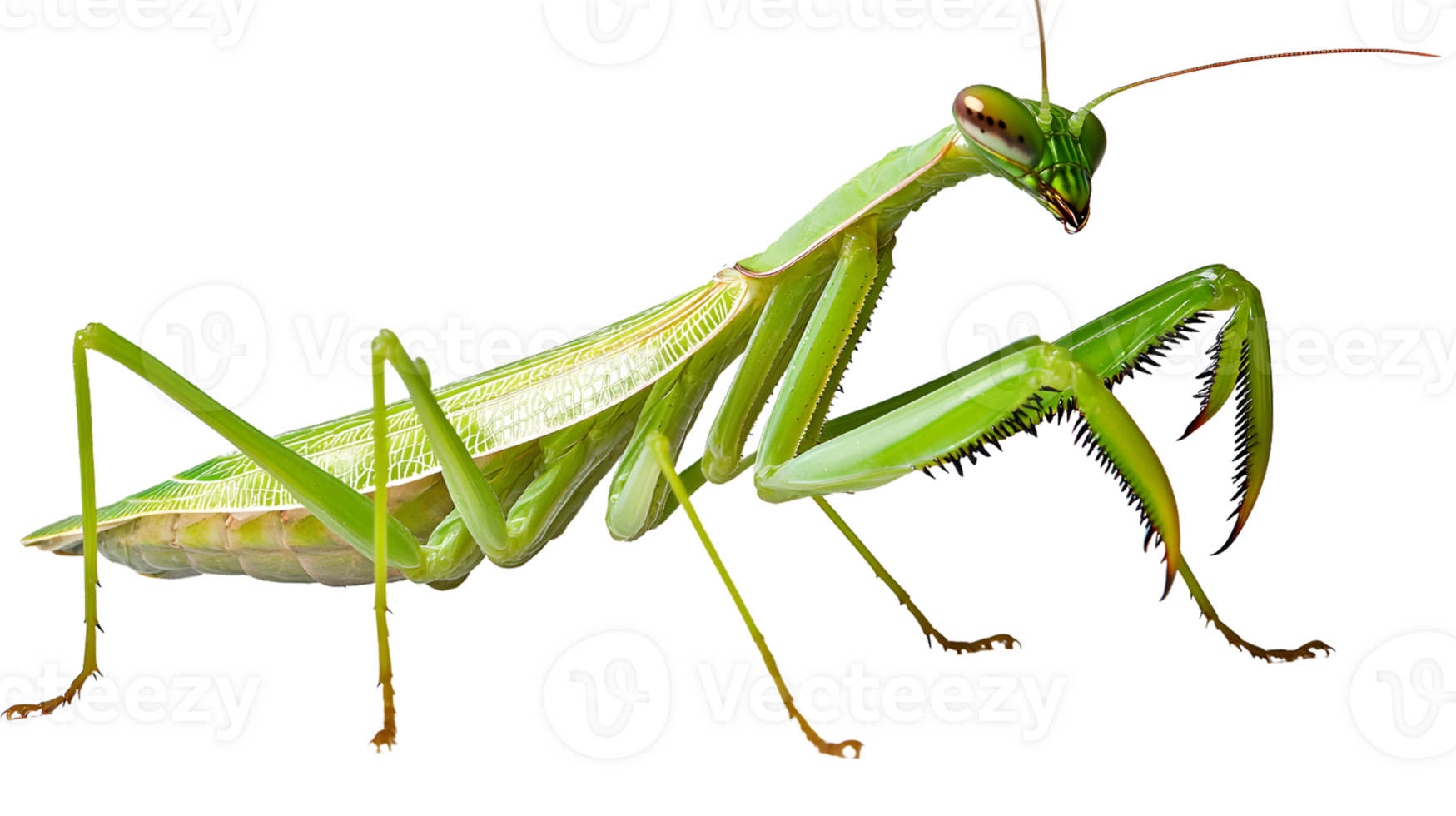 A detailed closeup of a vibrant green insect with long antennae and powerful front legs ideal png