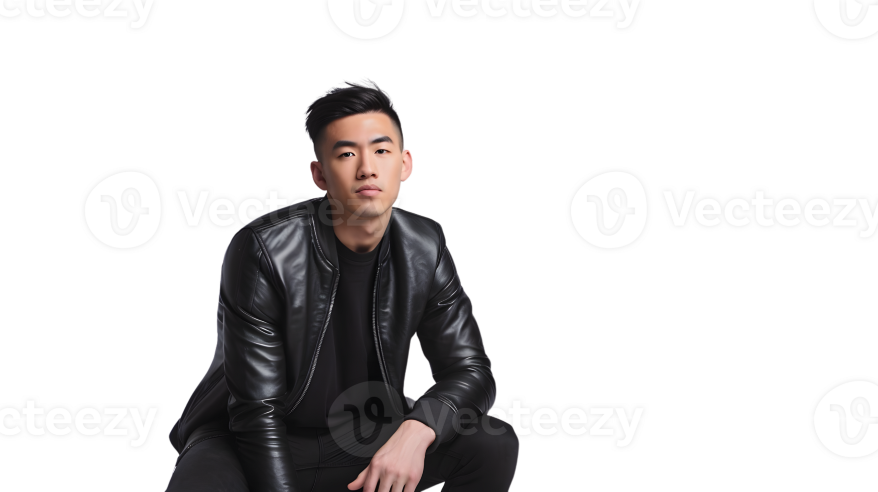 A man in a stylish black leather jacket sitting confidently against a dark background ideal fo png