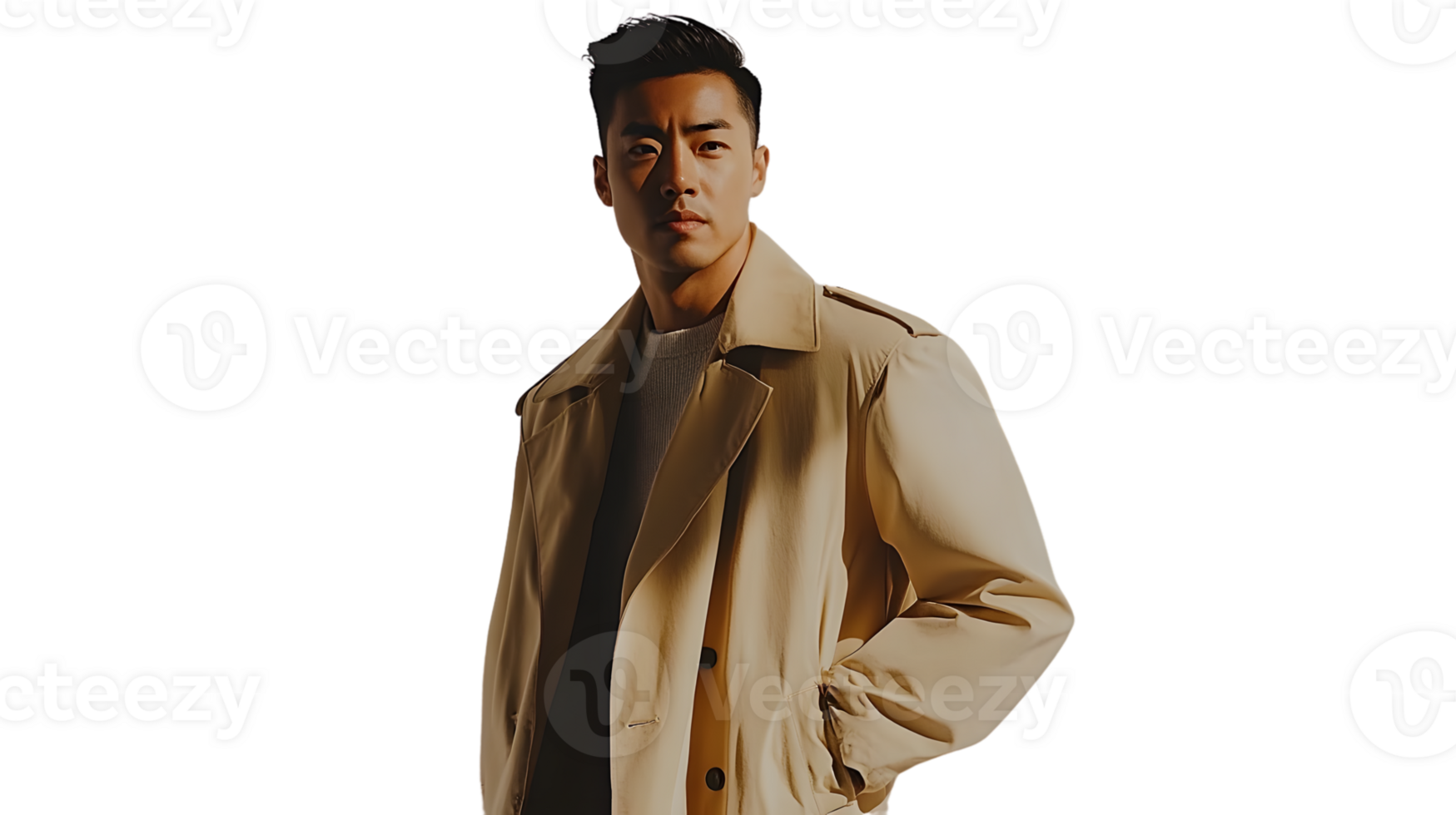 A man in a stylish trench coat standing confidently against a black background ideal for fashi png