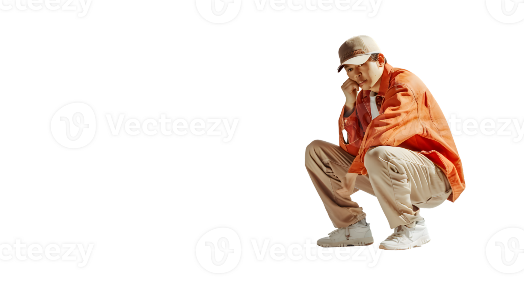 A person in a crouched pose wearing an orange jacket beige pants and a cap against a black ba png