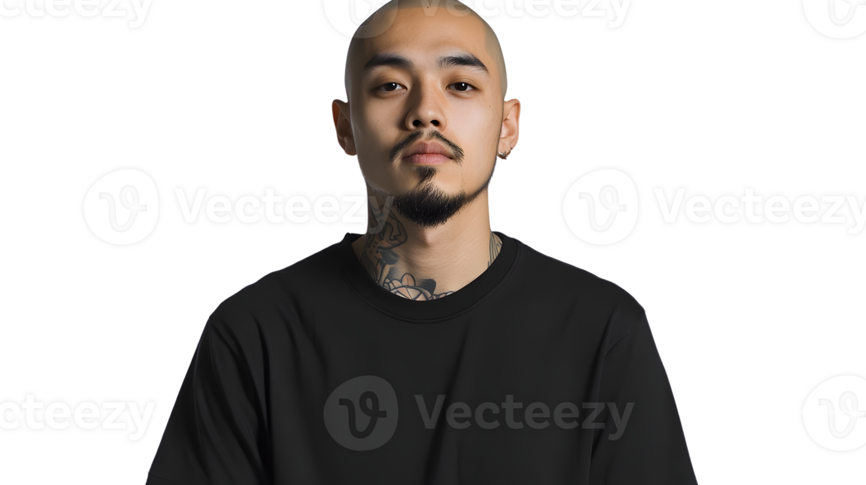 A man with a shaved head and beard wearing a black shirt featuring visible tattoos on his neck png