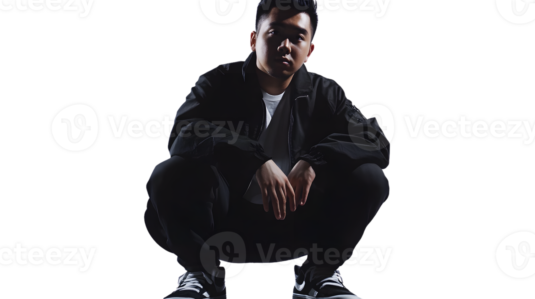 A person in a crouched position wearing casual attire ideal for fashion lifestyle and urban png