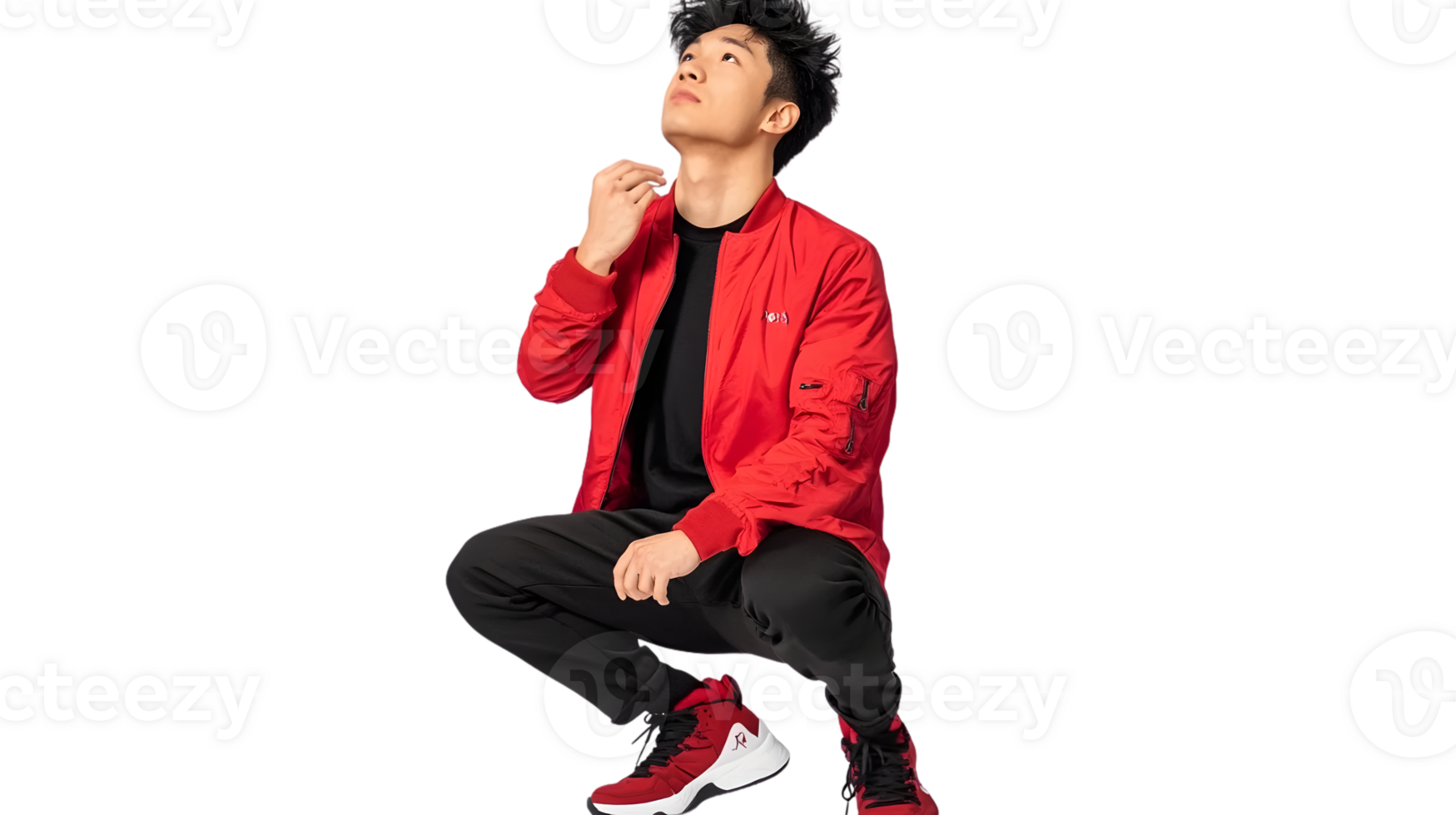 A person in a vibrant red jacket and matching sneakers striking a dynamic pose against a black png