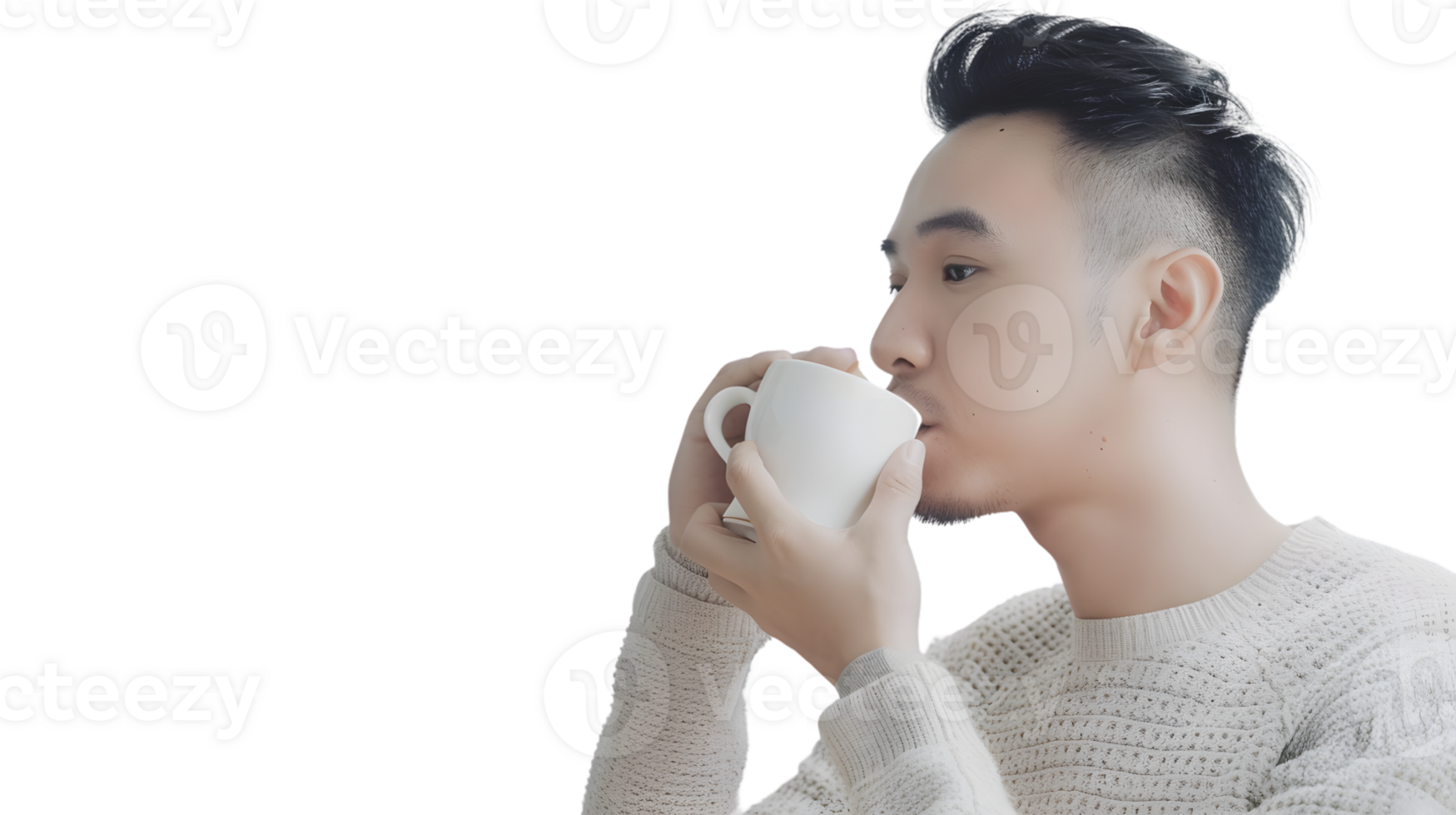 A person enjoying a warm beverage sipping from a white mug in a cozy sweater perfect for them png