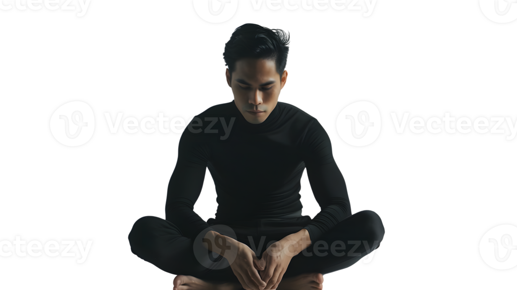 A person meditating in a lotus position wearing a black outfit ideal for mindfulness and well png