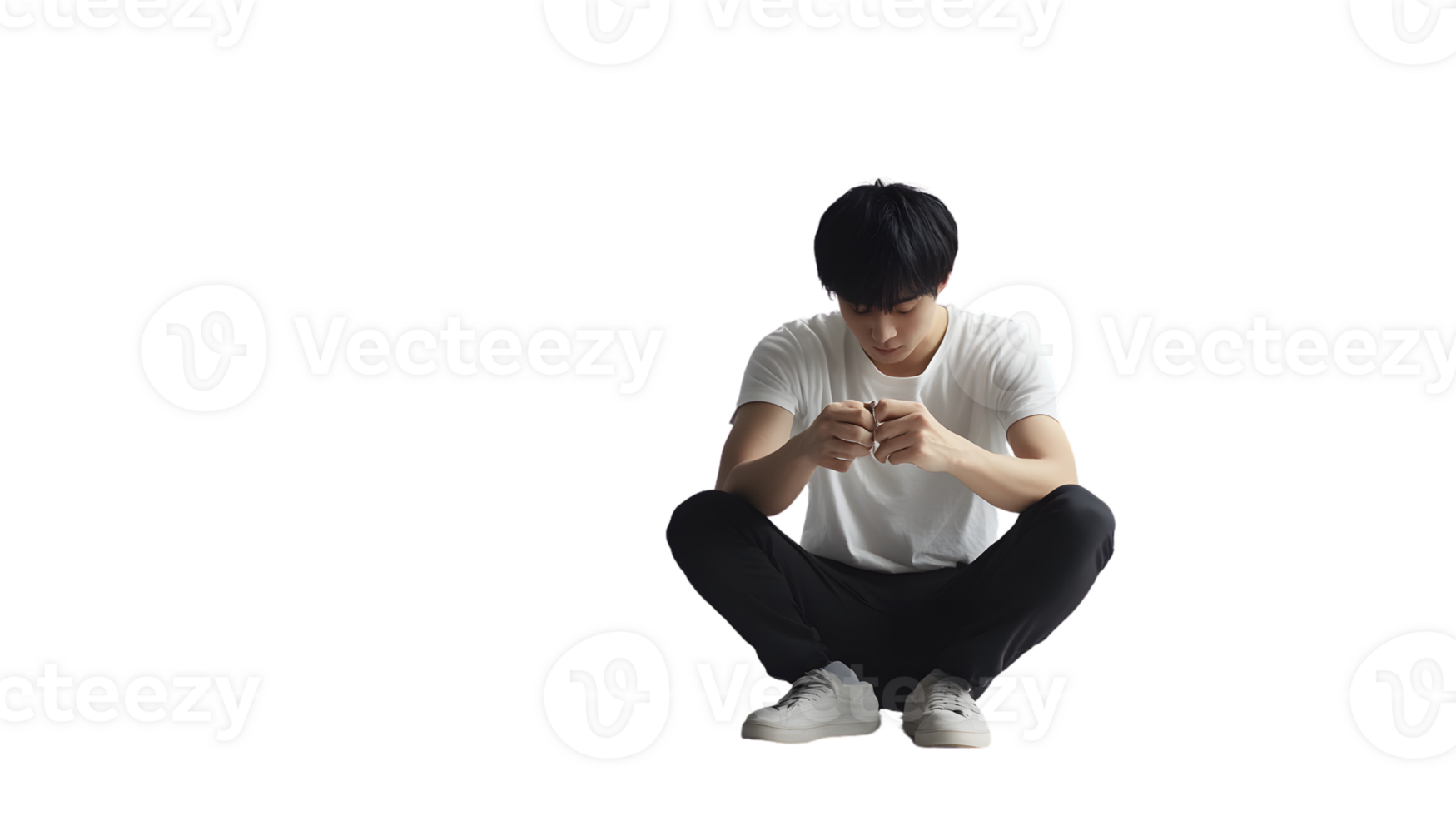 A person squatting in a casual pose wearing a white tshirt and black pants holding an object png