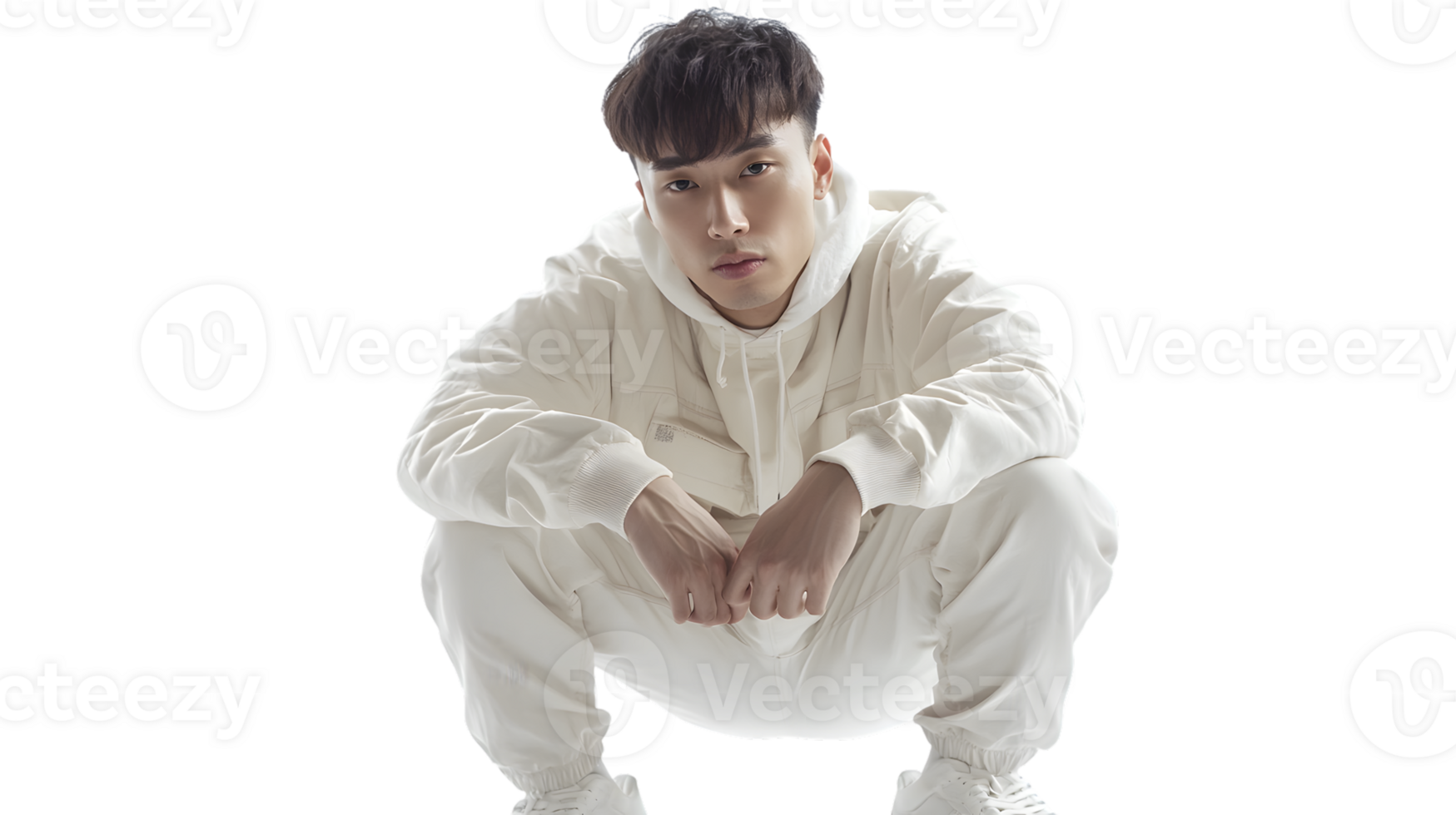 A person in a white outfit crouching confidently against a black background ideal for fashion png