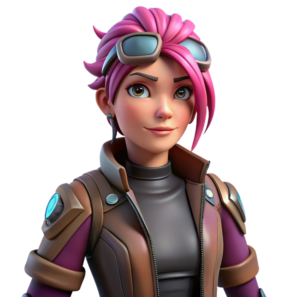 extraordinary rustic Cyberpunk Female Character, leather jacket, pink hair, data glove high quality png